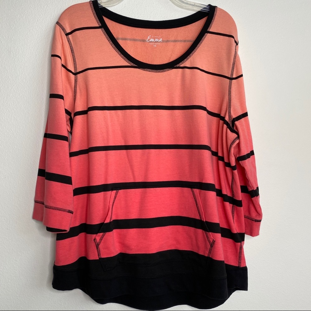 Simply Emma Striped Kangaroo Pocket 3/4 Sleeve Pullover Top Cotton Blend 1X